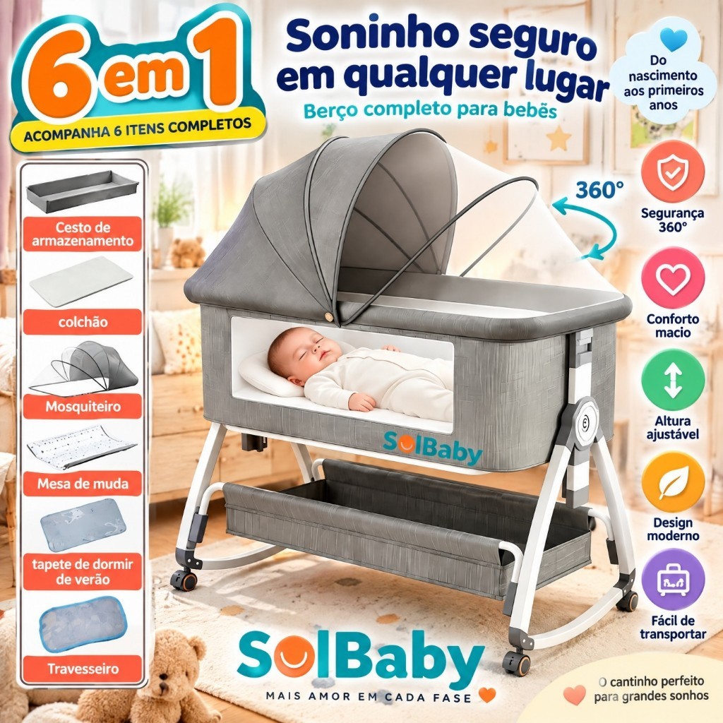 Berço Moisés Portátil 6 em 1 Co-bed Balanço Mosquiteiro, Cesto, Altura Ajustável e Fecho Segurança Bebê 0-24 Meses
