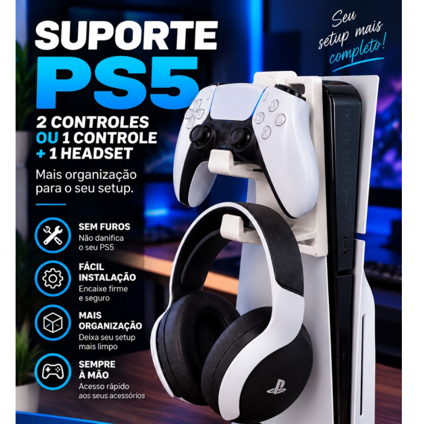 Suporte Controle PS5 Parede Porta Controle DualSense e Headset Organizador Gamer