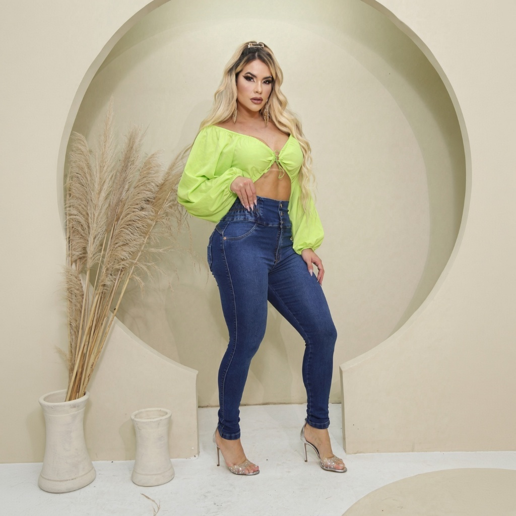 Calça Feminina Premium Com 3 Botão Vintage De Cós Elástico Casual Jeans Serve bem na cintura Feminino Escritório Atempor