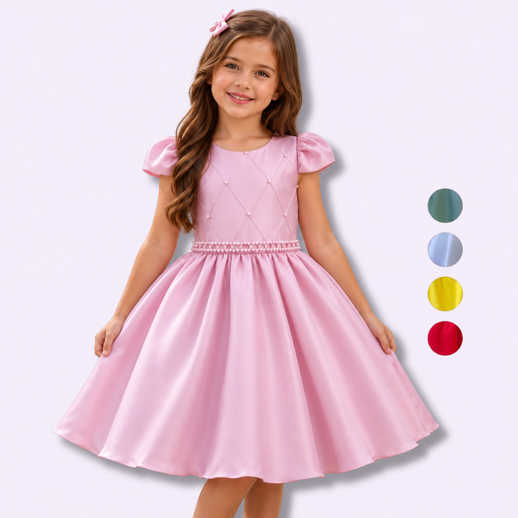 Vestido Juvenil Menina Festa Casamento Curto Cinto Pérola Saia Lisa