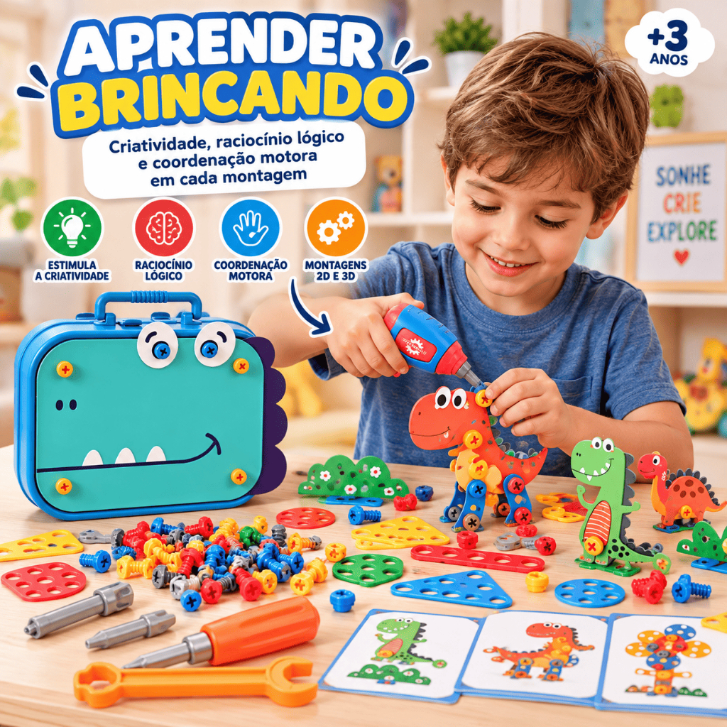 Brinquedo de Montar Dinossauro 283 Peças com Parafusadeira Elétrica Maleta e Ferramentas Infantil