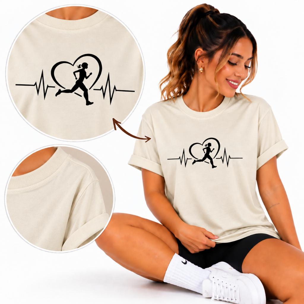 Camiseta T-Shirt Feminina Oversized Academia Treino Fitness 100% Algodão Estampa Coração Batimentos Corrida Confortável
