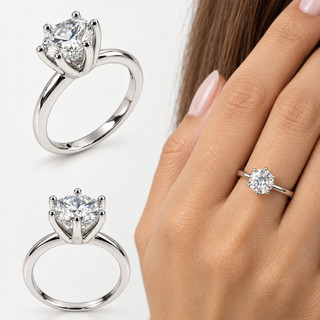 Anel Solitário Ajustável Prateado com Pedra Redonda Cristal Brilhante – Anel Feminino Delicado