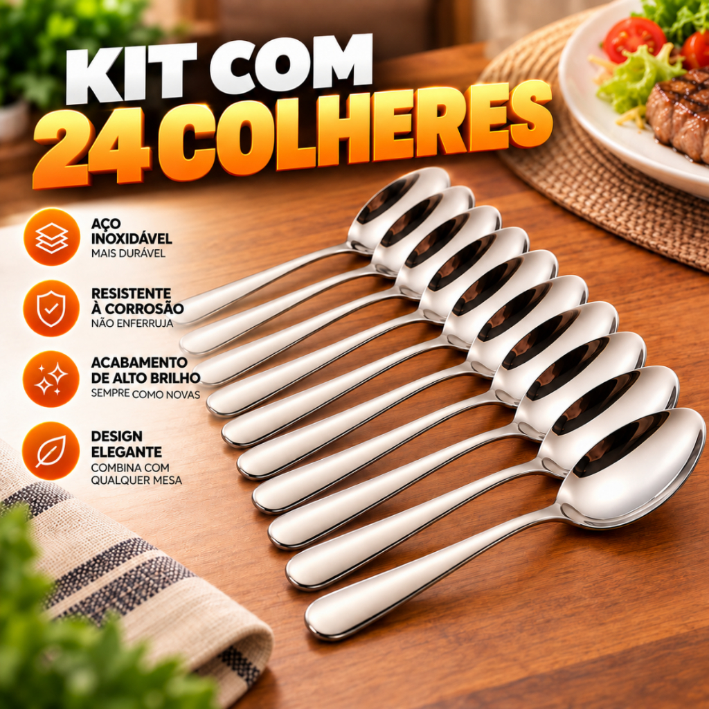 Kit Jogo Colher de mesa sopa com 24 e 36 peças em aço inox talher