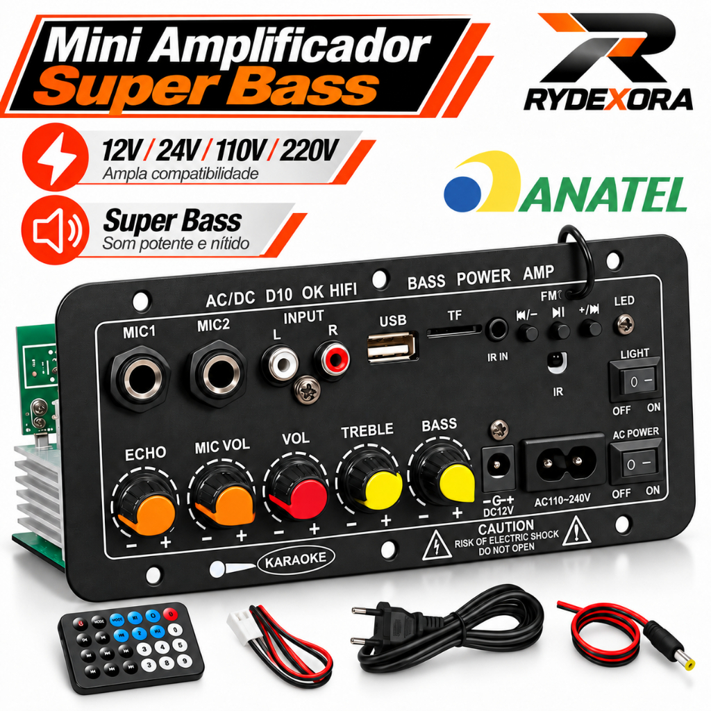 Amplificador Digital Karaokê Bluetooth com 2 Microfones FM Rádio USB TF 12V/220V Bivolt para Carro e Casa
