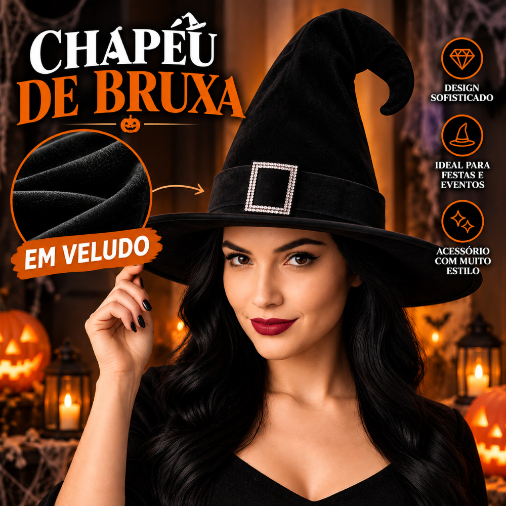 Chapéu de Bruxa em Veludo Clássico com Fivela Cosplays Fantasias Festas para Halloween