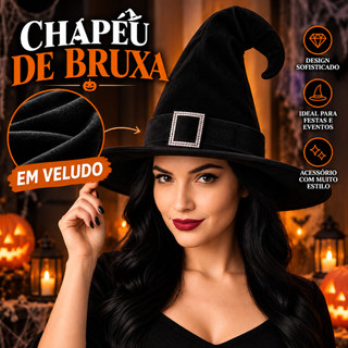 Chapéu de Bruxa em Veludo Clássico com Fivela Cosplays Fantasias Festas para Halloween