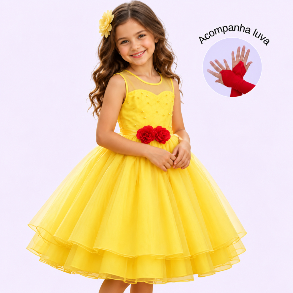 Vestido Bela E A Fera Infantil Curto Fantasia Festa Aniversário Com Luva