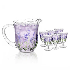Jogo Jarra 1,3L com 6 Taças 240ml Lyor Cristal Lavanda Pintado à Mão para Suco Água Drinks Vinho Mesa Posta Presente Kit
