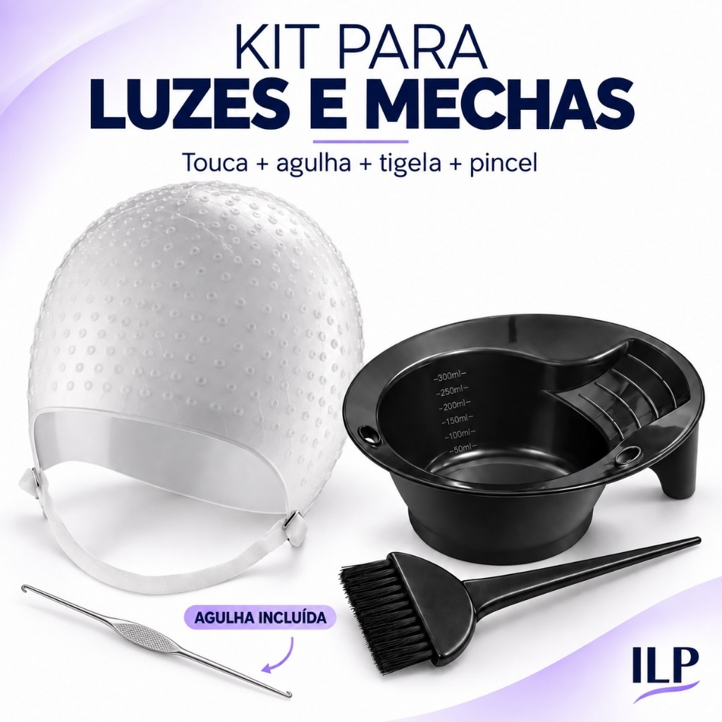 Kit Luzes e Mechas Touca com Agulha Tigela 300ml e Pincel para Coloração Capilar