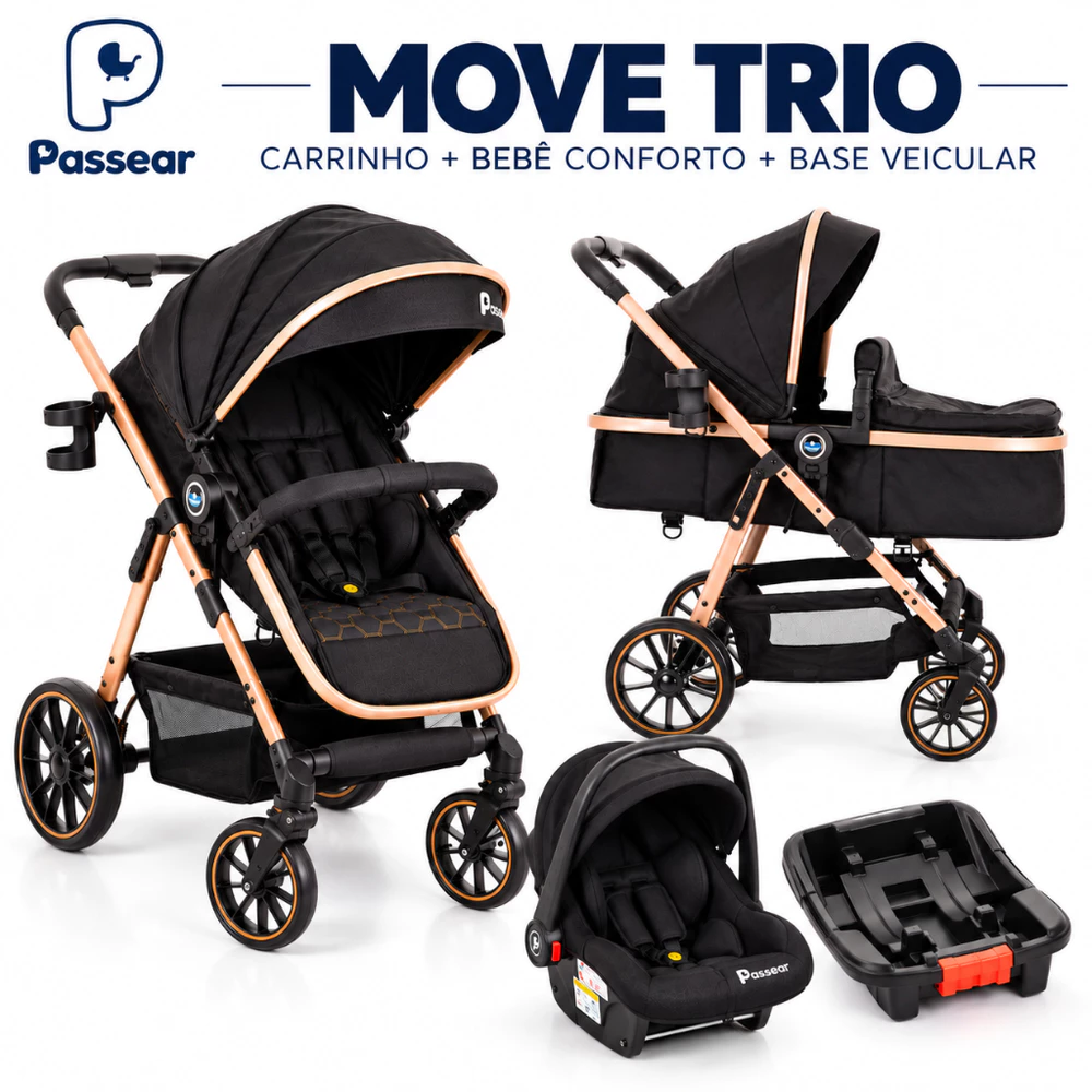 Carrinho de Bebê Move Travel System 3 Em 1 Passear Preto e Dourado + Base Veicular E Bebê Conforto