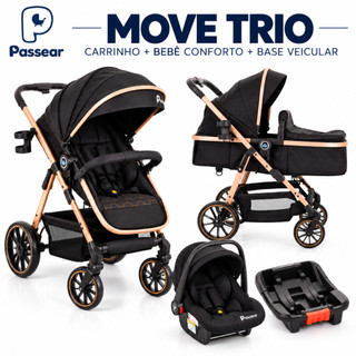 Carrinho de Bebê Move Travel System 3 Em 1 Passear Preto e Dourado + Base Veicular E Bebê Conforto