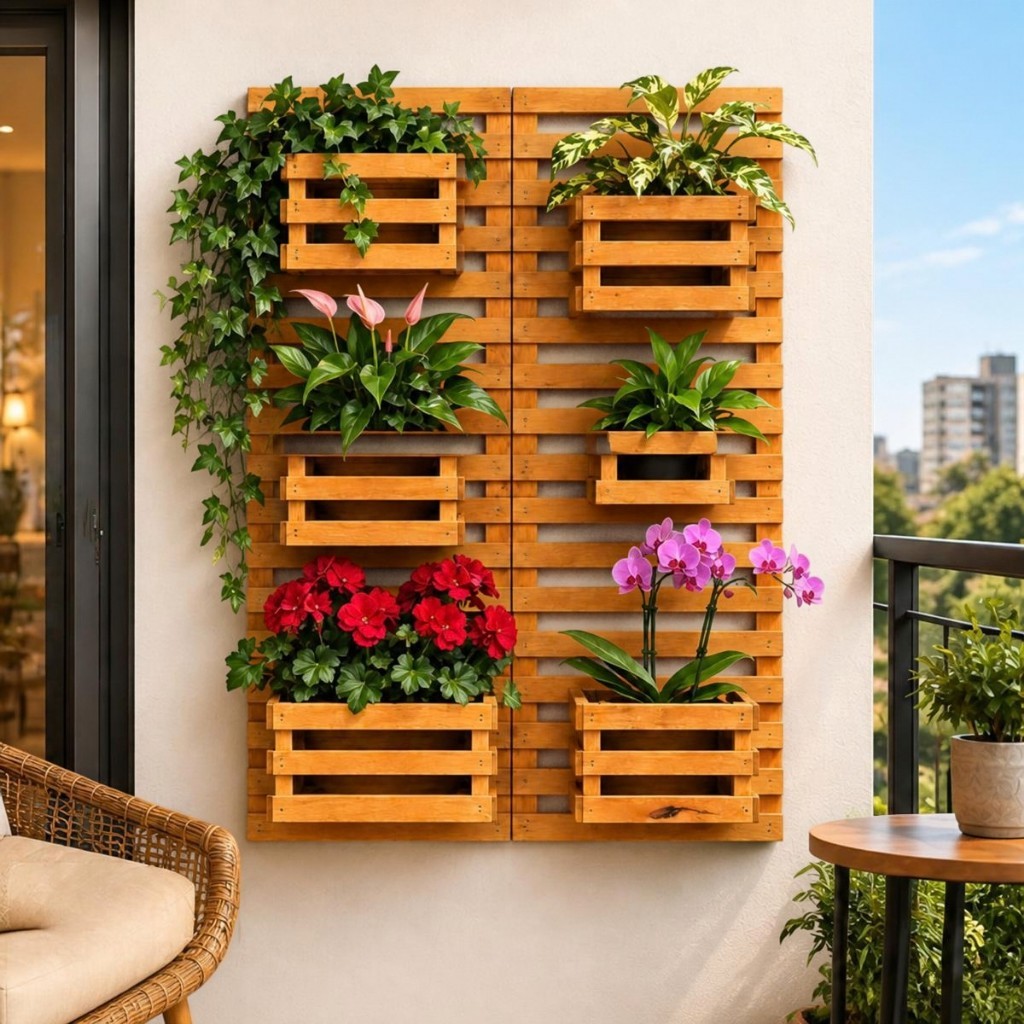 Kit Jardim Vertical Madeira Suspenso Parede 4 Painéis 50x30 com 6 Cachepôs Floreira Decorativa