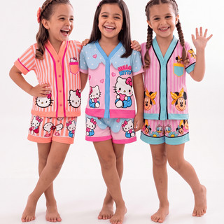Pijama Infantil Menina Americano 3D Hello Kitty Minnie Snoopy Manga Curta e Short Verão Soft Suede Feminino 1 a 10 Anos