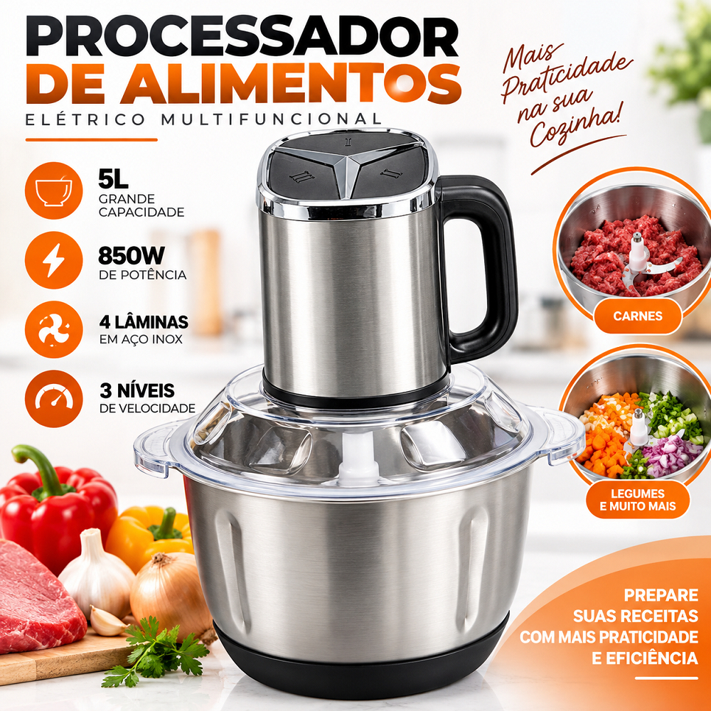 Processador de Alimentos Elétrico Multifuncional 5L 850W 4 Lâminas 3 Velocidades Inox 110V ou 220V Grande Potência