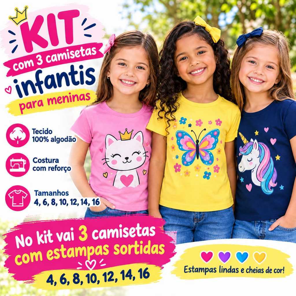 kit 3 camisetas infantil para meninas 100% algodão tamanhos  4  6  8  10  12  14  16