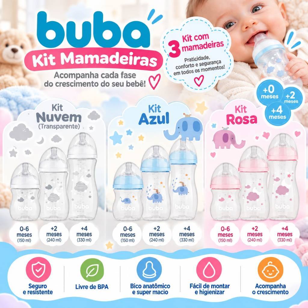 Kit 3 Mamadeiras Buba Anticólica Bico Pétala Silicone Macio Easy Flow Antivazamento 120/270/330 mL
