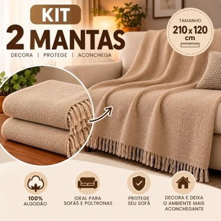 Kit 02 Manta Para Sofá ou Cama Solteiro Poltrona Decorativa Algodão Macio Artesanal 210x120 Luxo Promoção