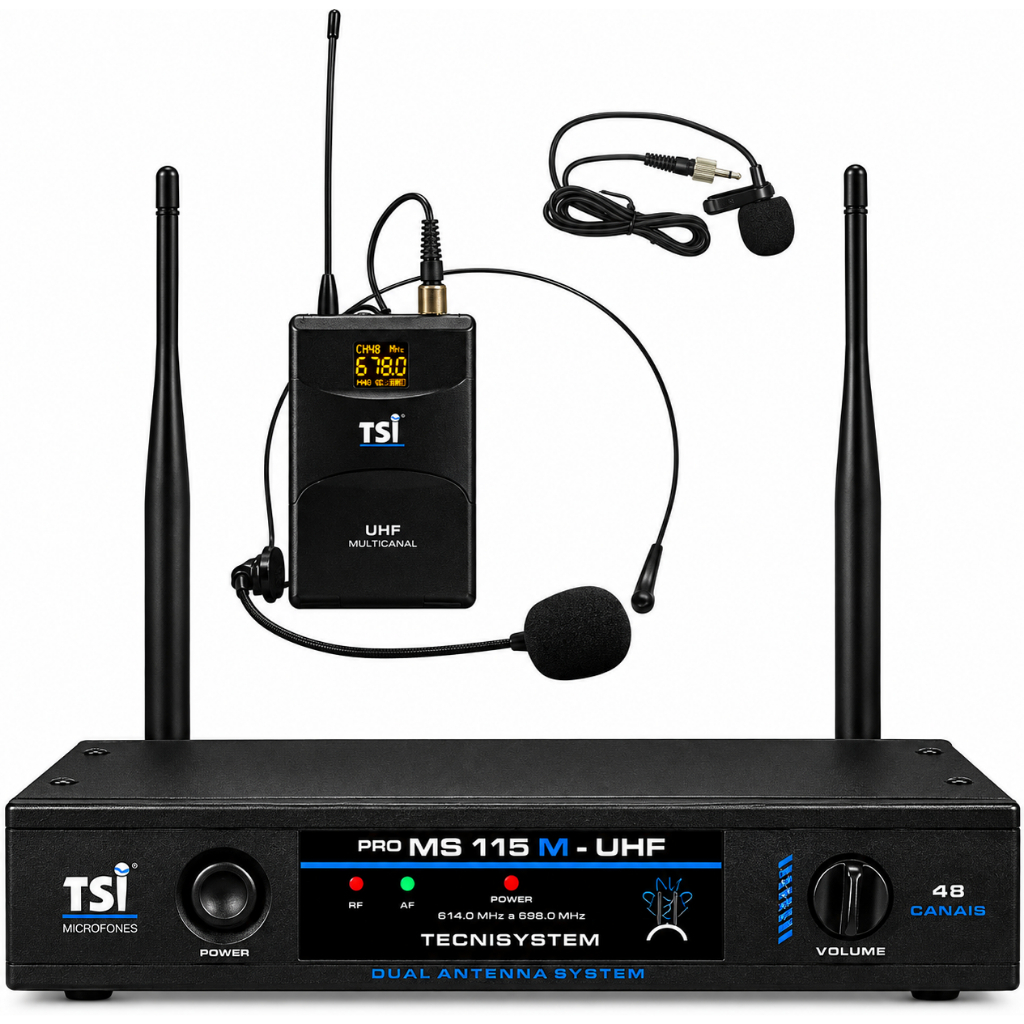 Microfone Sem Fio TSI Pro MS115M CLI UHF 48 Canais com Lapela e Headset para Igreja e Palestras