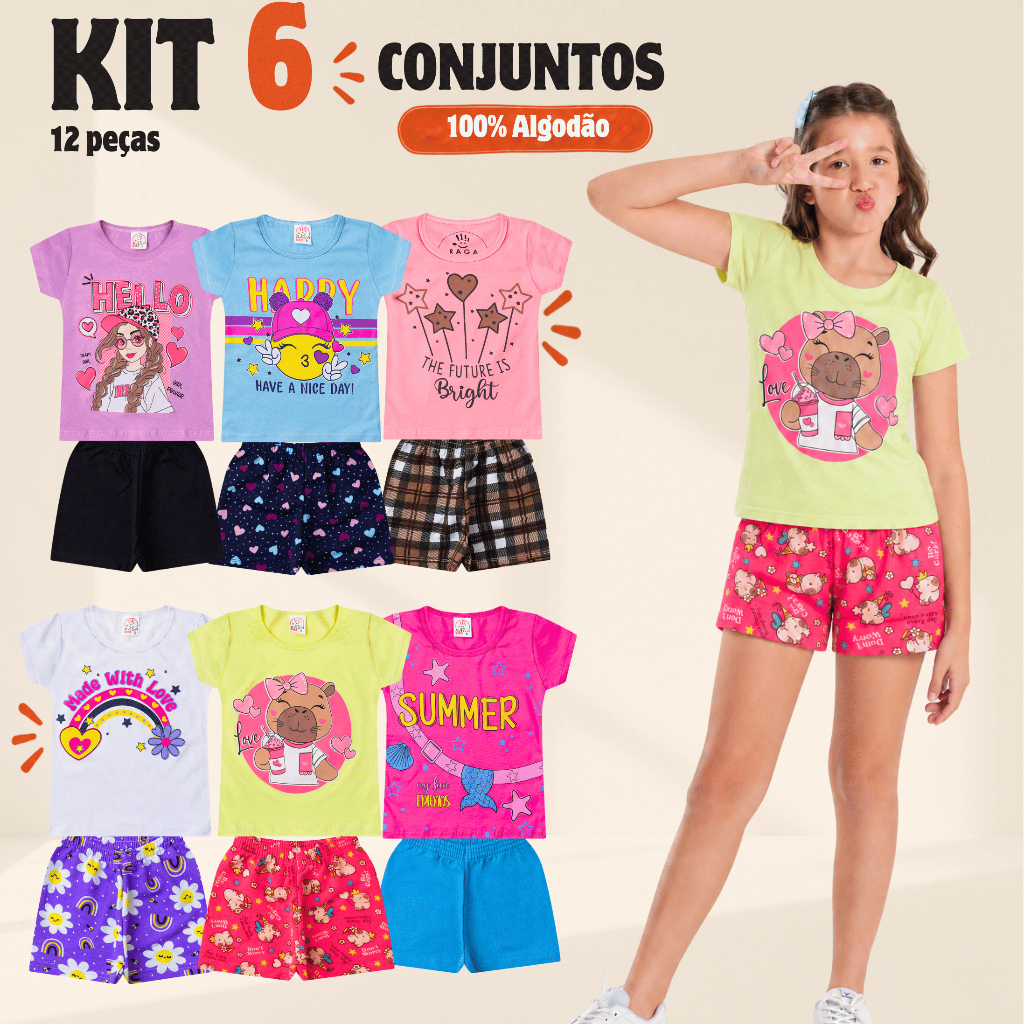 Kit Sortido 12 Peças 6 Blusas + 6 Shorts Infantil Juvenil Feminino/Menina 6 Conjuntos Tam 1 ao 14