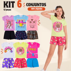 Kit Sortido 12 Peças 6 Blusas + 6 Shorts Infantil Juvenil Feminino/Menina 6 Conjuntos Tam 1 ao 14