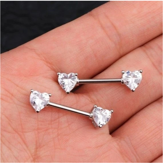 Kit 2UNIS Piercing Aço Inox Mamilo Com Coração Zircônia