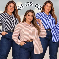 Camisa Listrada Feminina Plus Size G1 G2 G3 Tecido Duna Premium Elegante Manga Longa