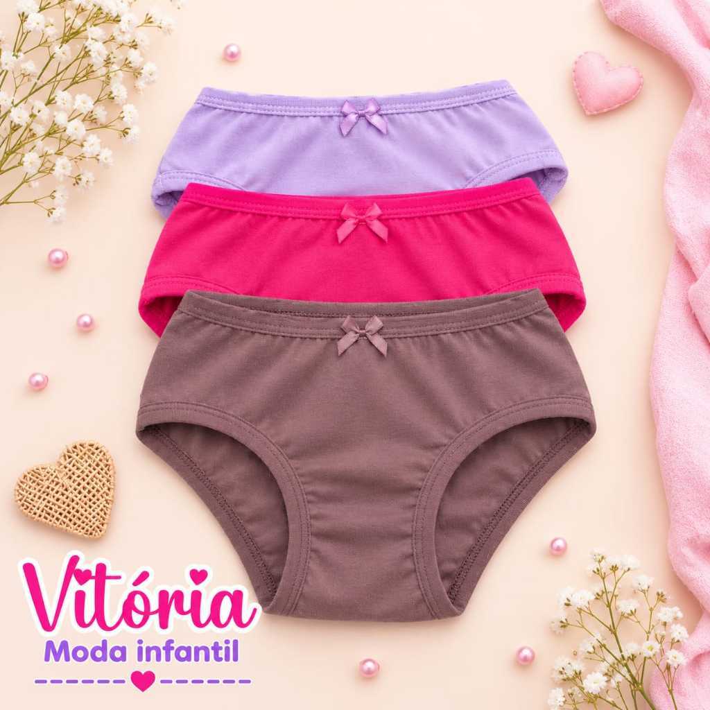 Kit 3 Calcinhas Infantil Roupa Feminina Algodão Confortável Macio Cores Sortidas
