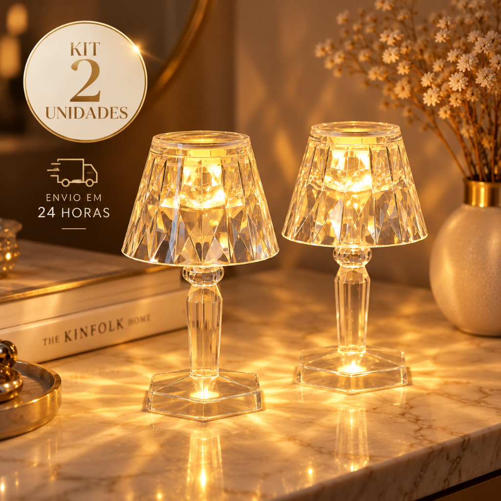Kit 2 Mini Abajur Acrílico Luminária LED Efeito Cristal Sem Fio Decoração Quarto Mesa Posta Festas Eventos Casamento