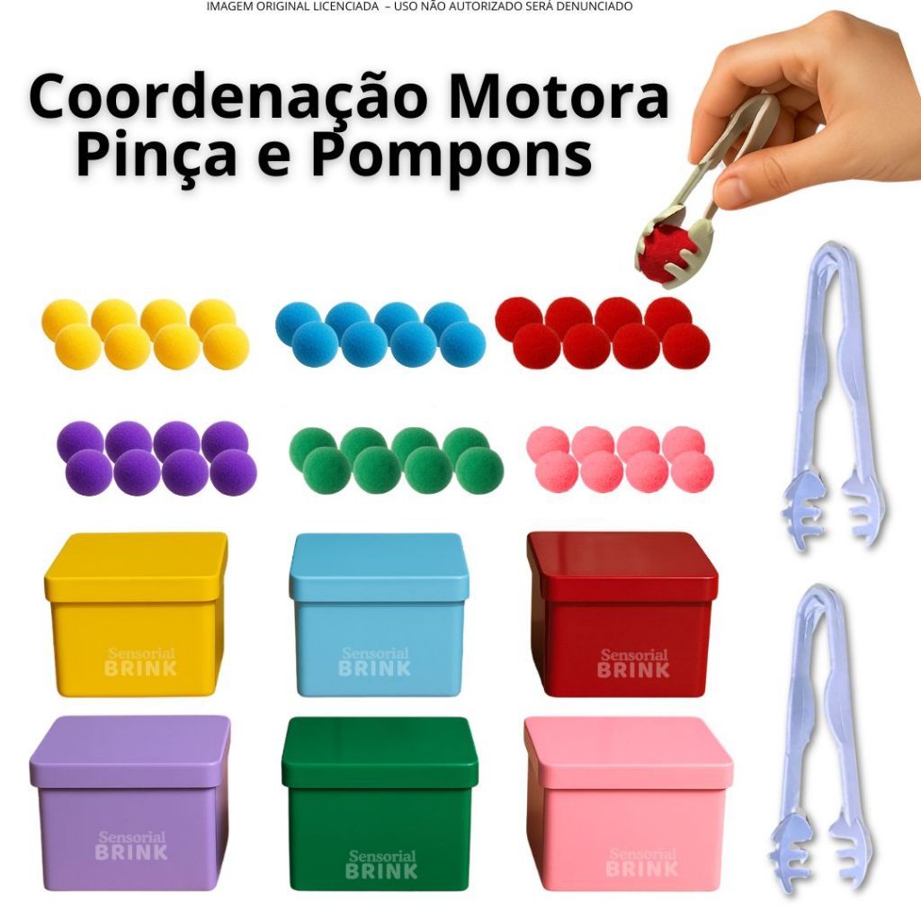 Coordenação Motora Montessori- KIT - Caixinhas das cores - Pinça e Pompons - Brinquedo Educativo Infantil - Montessori