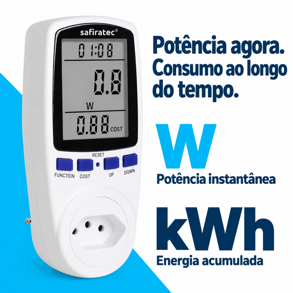 Medidor Consumo Energia Elétrica Tomada Safiratec Bivolt 3600W Geladeira Ar Condicionado Air Fryer