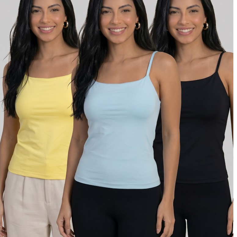 kit 3 Blusa Regata Alcinha Básica Com Forro Confortável Casual Verão Suplex Poliamida Com Forro