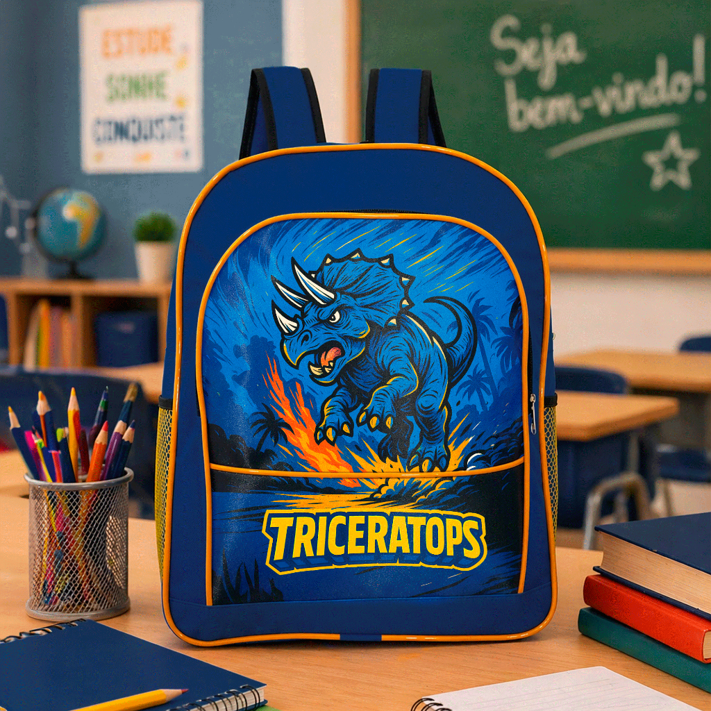 Mochila Infantil Escolar Grande de Costa Menino Estampa Dinossauro Triceratops Resistente Reforçada Alça Ajustável