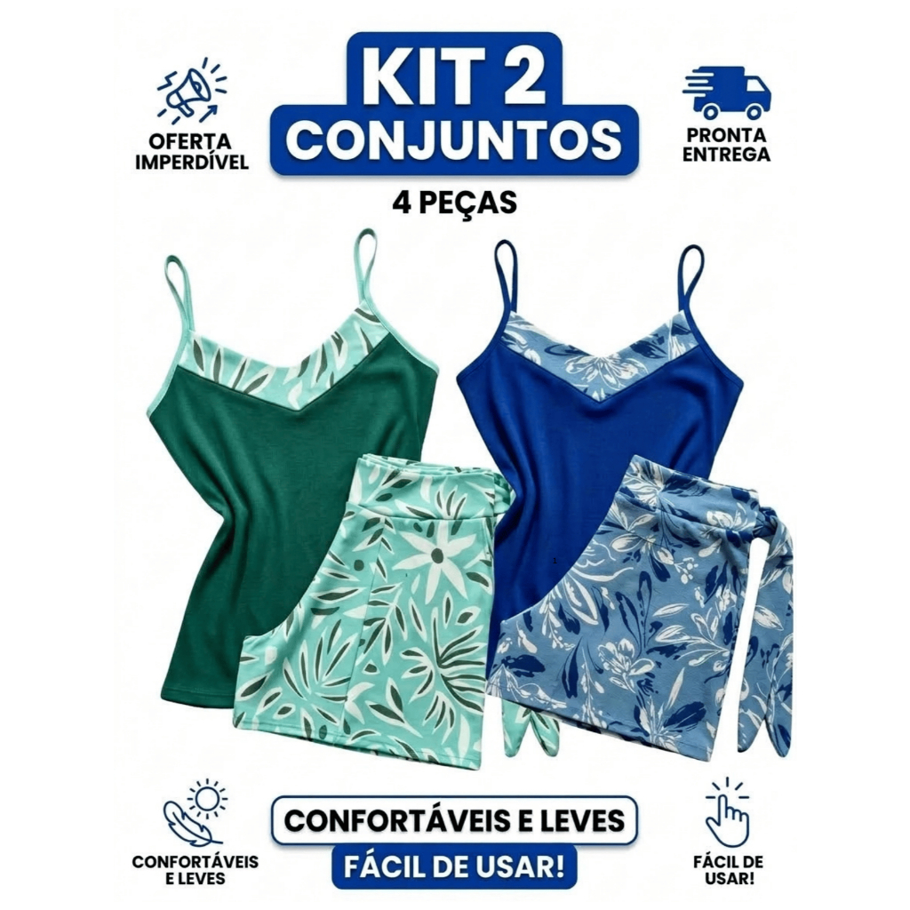 Kit 2 Conjunto Short Estampado Com Bolso + Blusa De Alça (4 peças) Moda Verão G GG