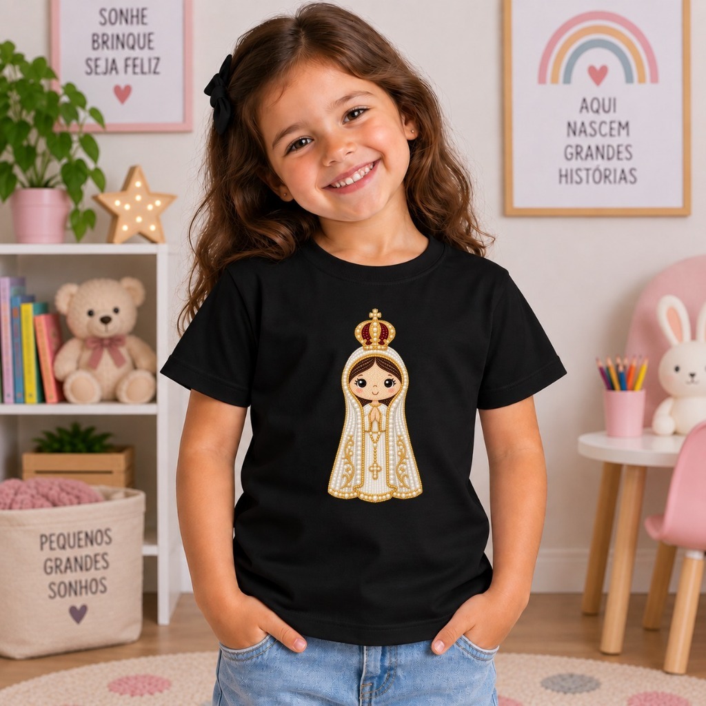 Camiseta Infantil Algodão Premium Nossa Senhora de Fátima Estampada Católica Religiosa