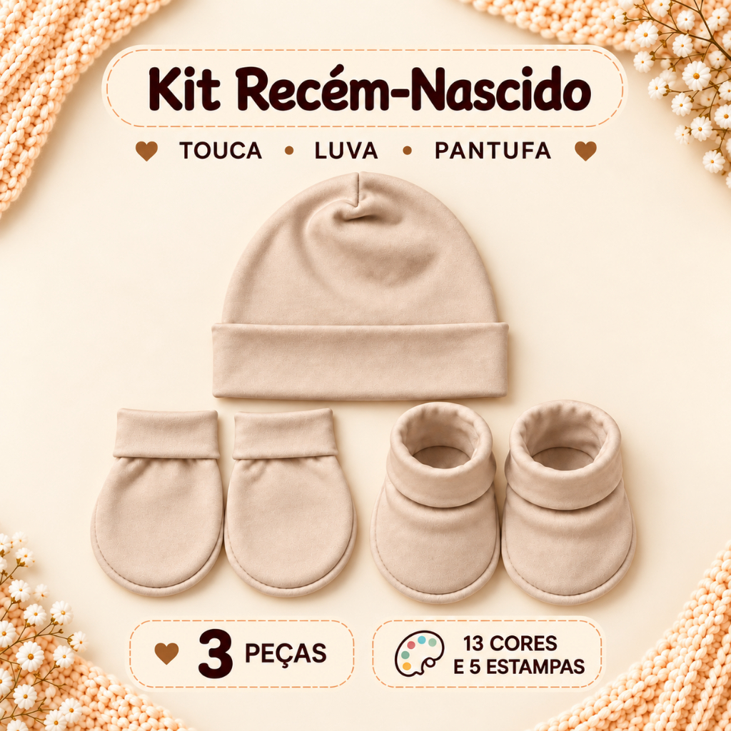 Kit 3 Peças Enxoval Bebê Recém Nascido Touca Luvas Pantufas Algodão Saída Maternidade