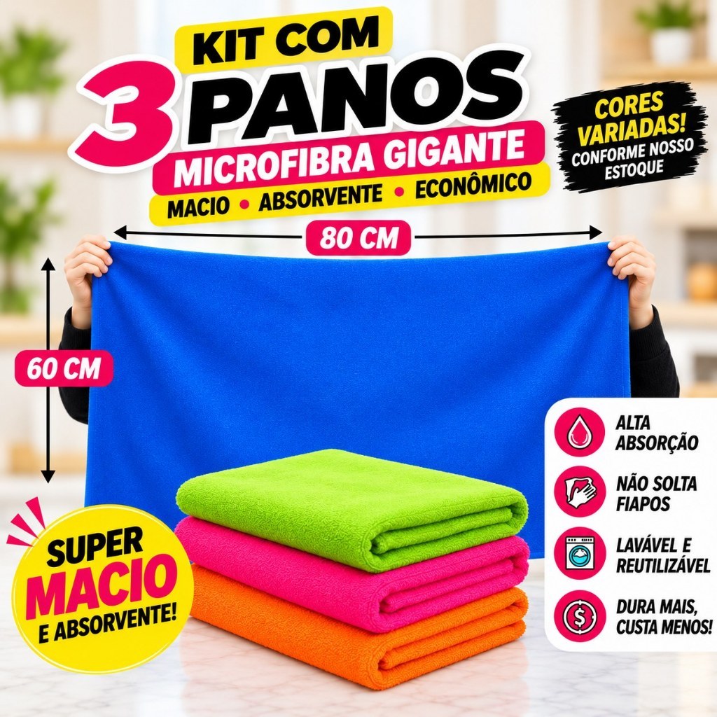 Kit 3 Pano de Chão Gigante Microfibra Multiuso Pano Para Limpeza 60x80