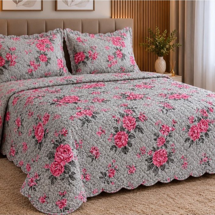 Kit 3 Peças Colcha Cobre Leito P/ Cama Casal e Queen 2,60m x 2,40m Estampada Floral Rosa