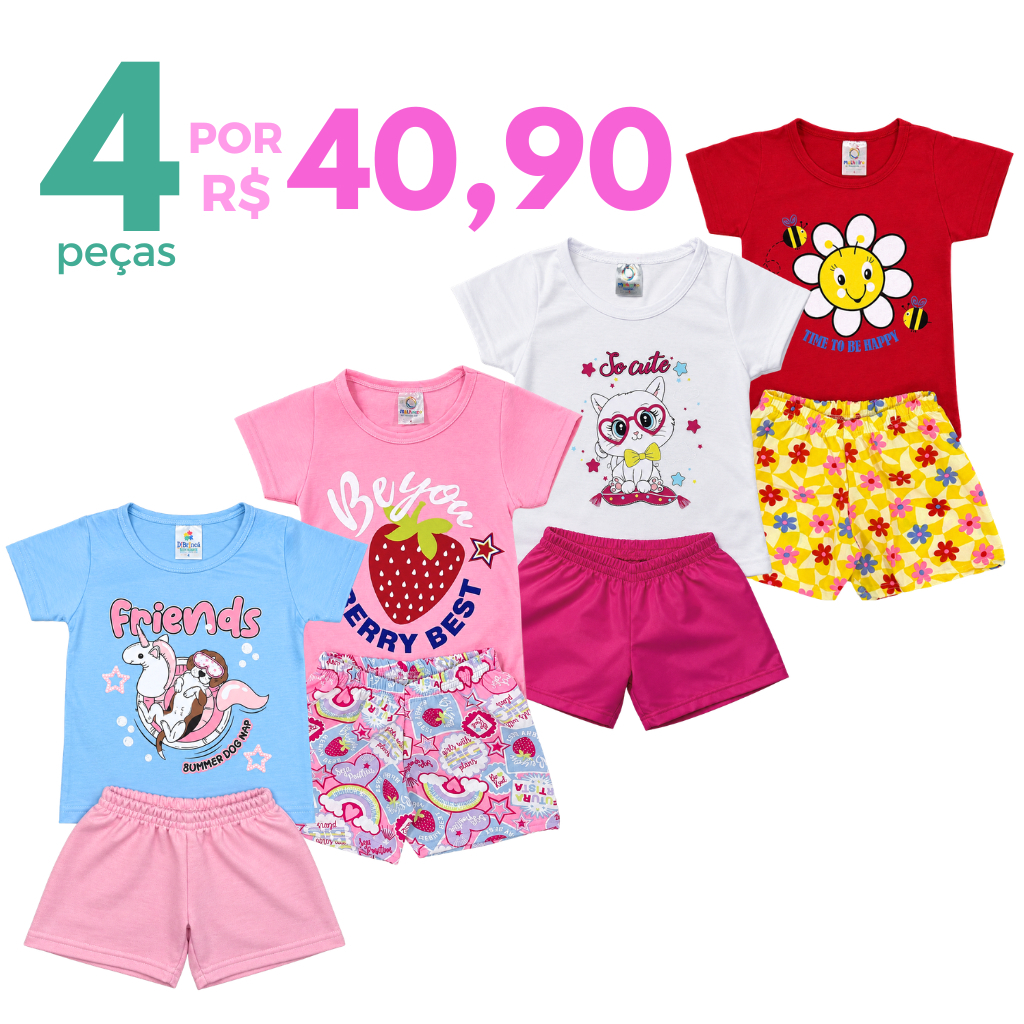Kit 4 Peças Conjunto Sortido Roupa Infantil Menina Verão Estampado Camiseta + Shorts Bebê 2 Conjuntos