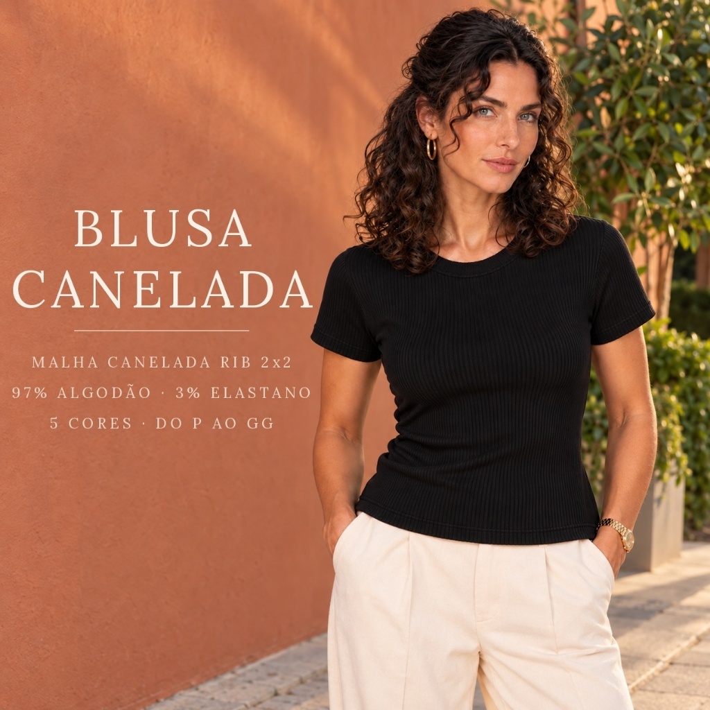 Blusa Canelada Feminina Manga Curta Gola Redonda Justa Básica Blusinha Lisa Canelada Algodão com Elastano Verão