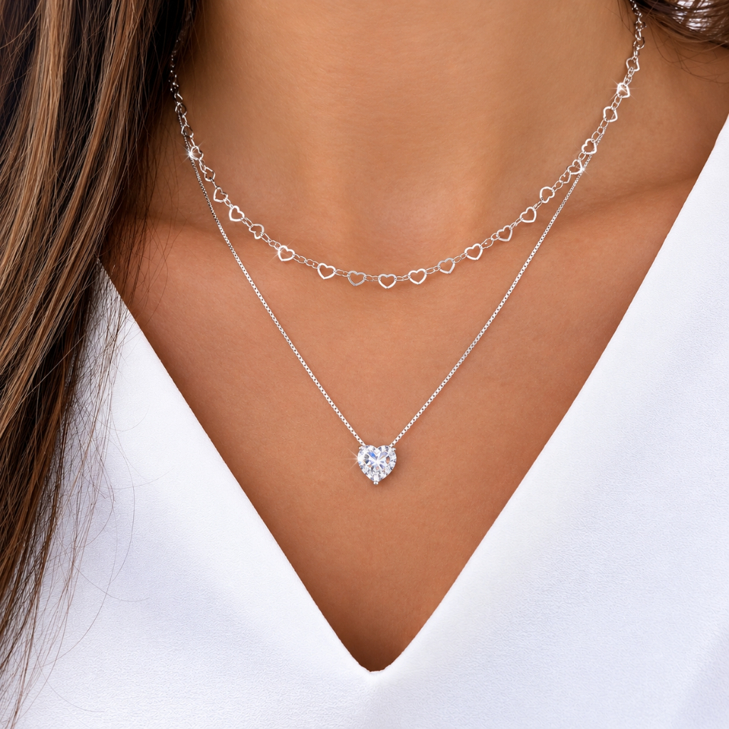 KIT 2 Colar a Prata 925 Choker coração amor + Colar Com coração Ponto De Luz Banhadas a ouro 18k