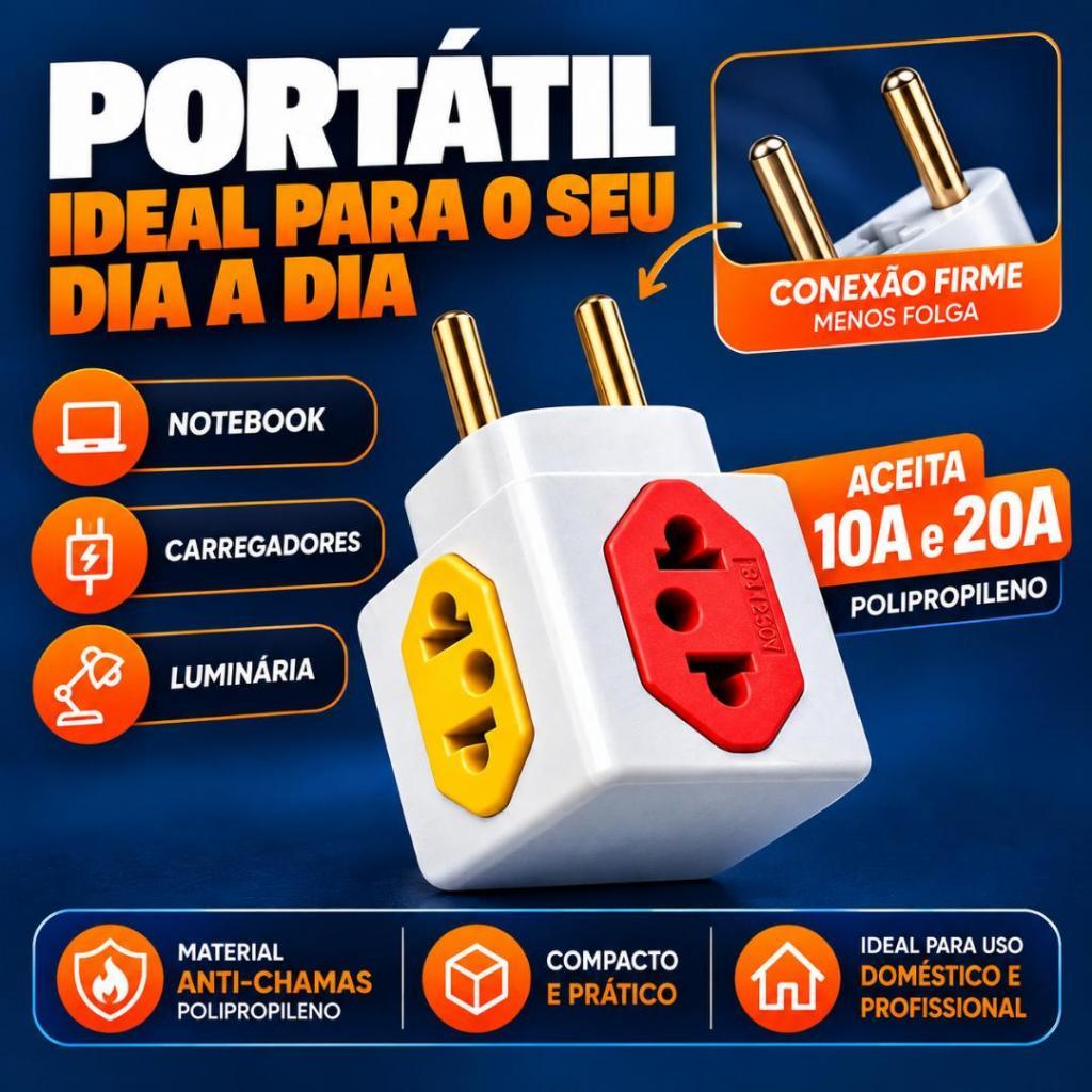 Adaptador de Tomada Universal Tipo Cubo 10A/20A Bivolt Pino Fino e Grosso — imagem 2 de 2