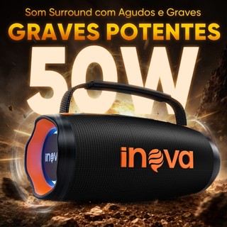INOVA Caixa de Som Bluetooth BOOMBOX 50W Potência Pico 70W Graves Potentes TWS IPX5 Bateria 8 Horas RGB Bluetooth 5.4
