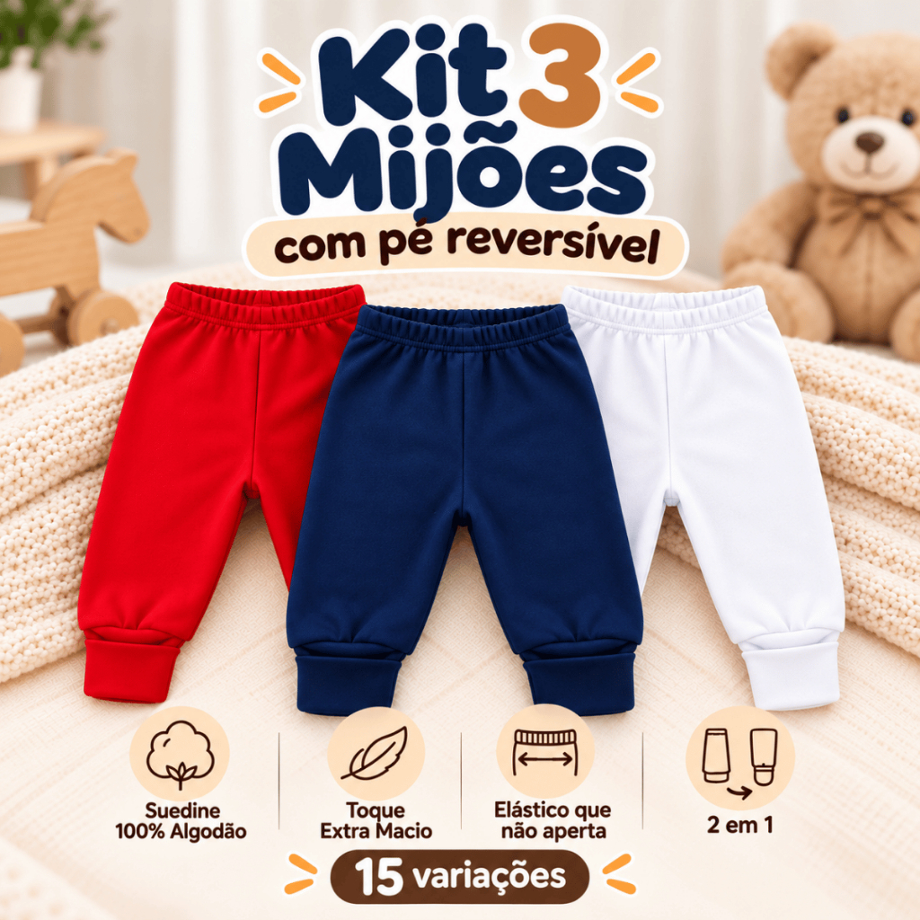 Kit 3 Mijão Bebê Culote Suedine 100% Algodão Pé Reversível Vira Pé Cores diferentes Prematuro ao GG