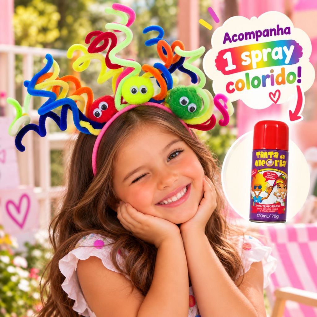 Tiara Divertida Infantil Colorida Com Spray ROSA Cabelo Maluco Dia das Crianças