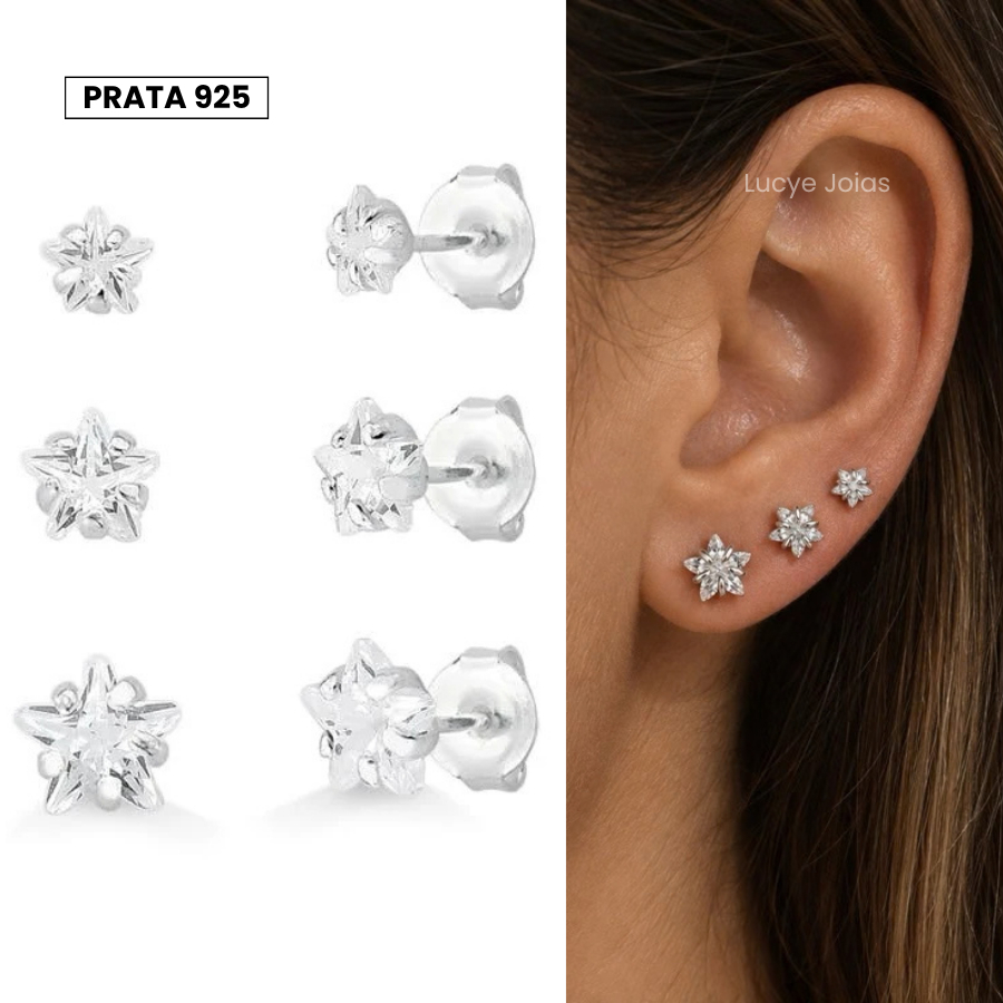 Trio de Brincos Prata 925 Legítima Zircônia Estrela Kit 3 Furos | 3mm 4mm 5mm