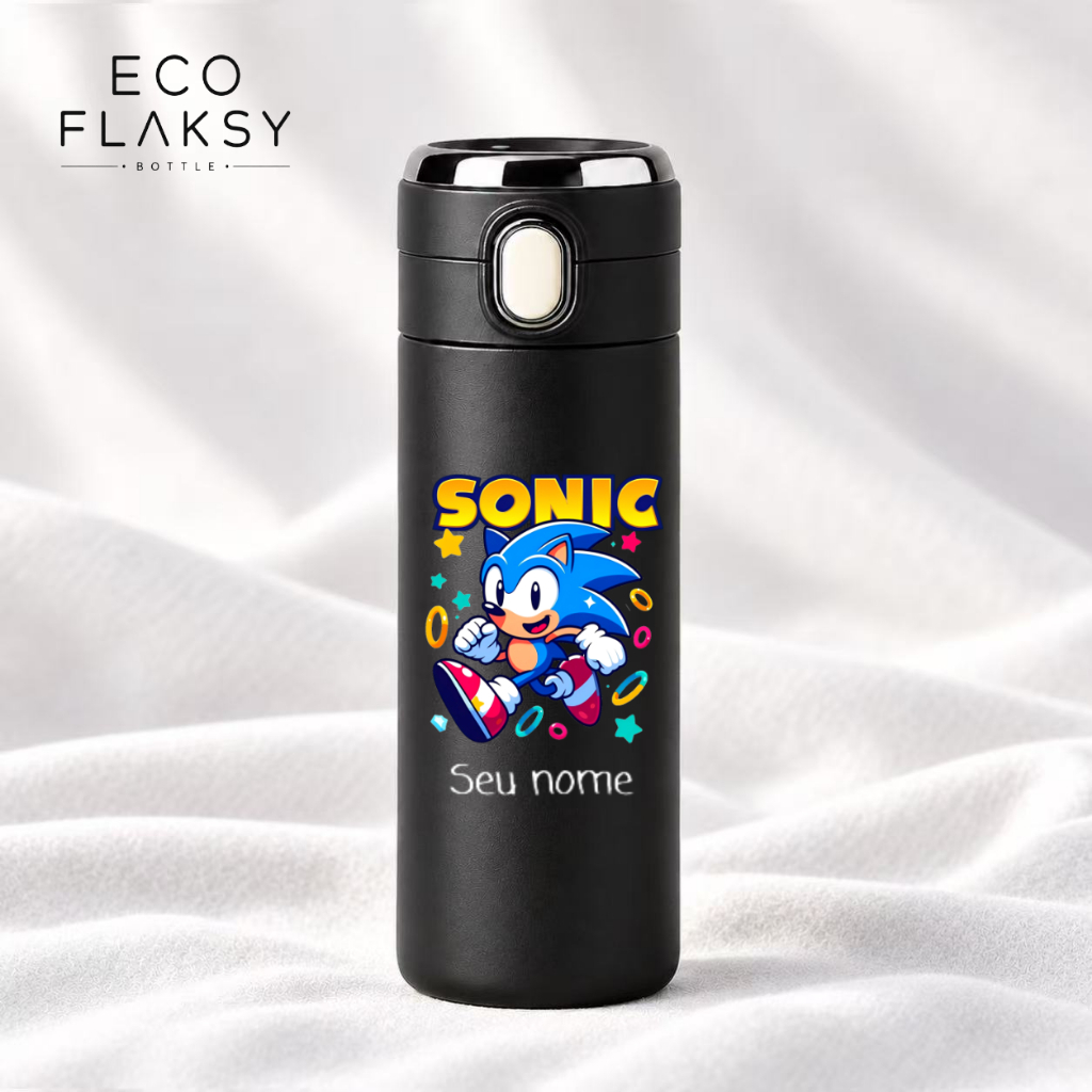 Garrafa Térmica Infantil de Aço Inoxidável Sonic Team com Termometro LED Digital Temperatura 420ml
