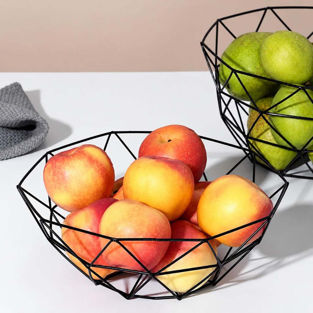 Fruteira Geométrica Preta Aramada em Metal 27x10cm Estilo Nórdico Decorativa Moderna Mesa Cozinha