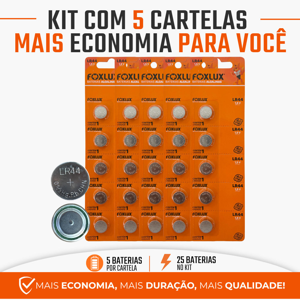 Pilha Bateria Moeda 1,5V LR44 Alcalina Kit com 25