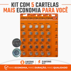 Pilha Bateria Moeda 1,5V LR44 Alcalina Kit com 25